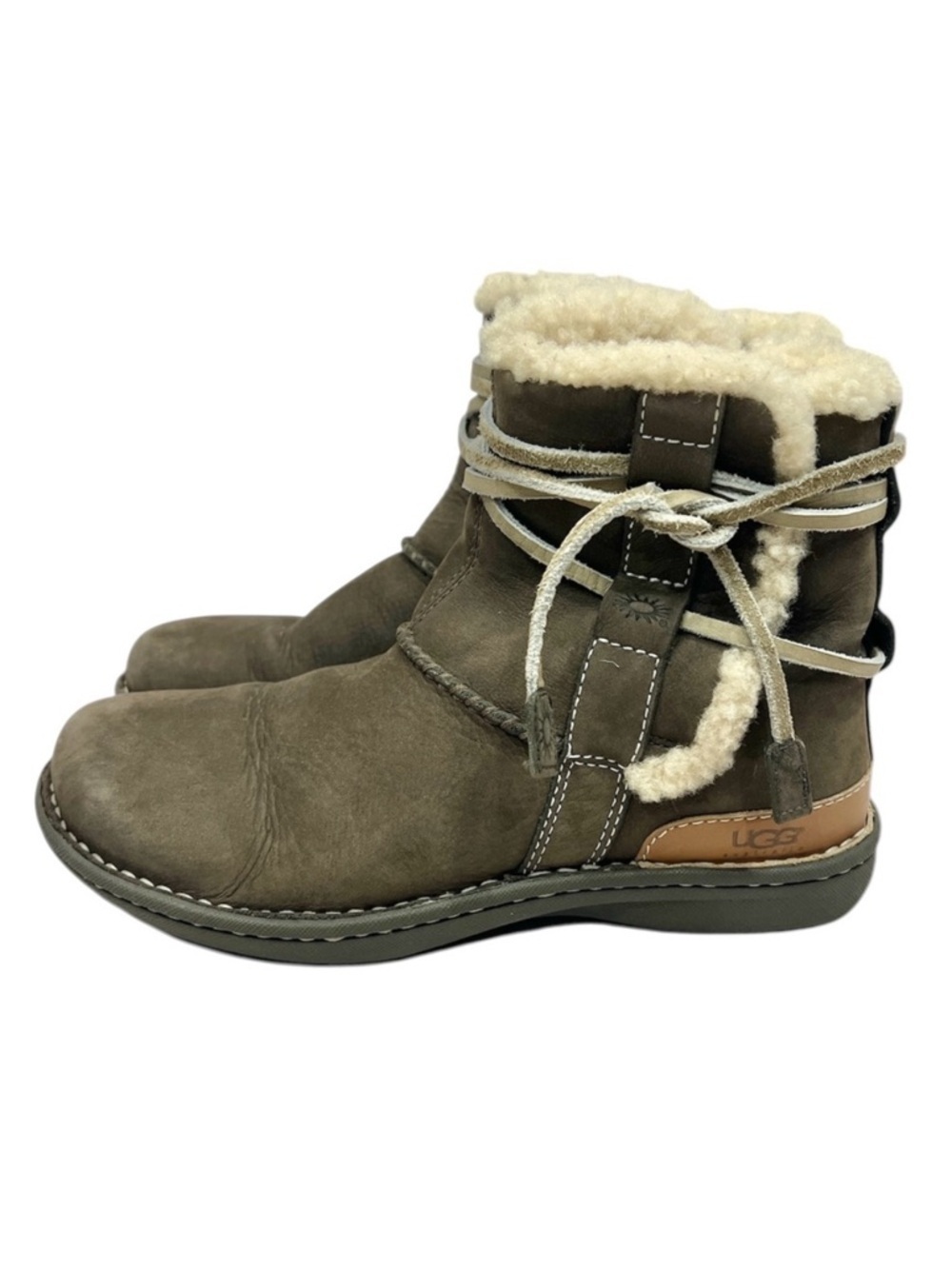 UGG La Jolla Taupe Leather Boho Moccasin Shearling Lined Winter Ankle Booties